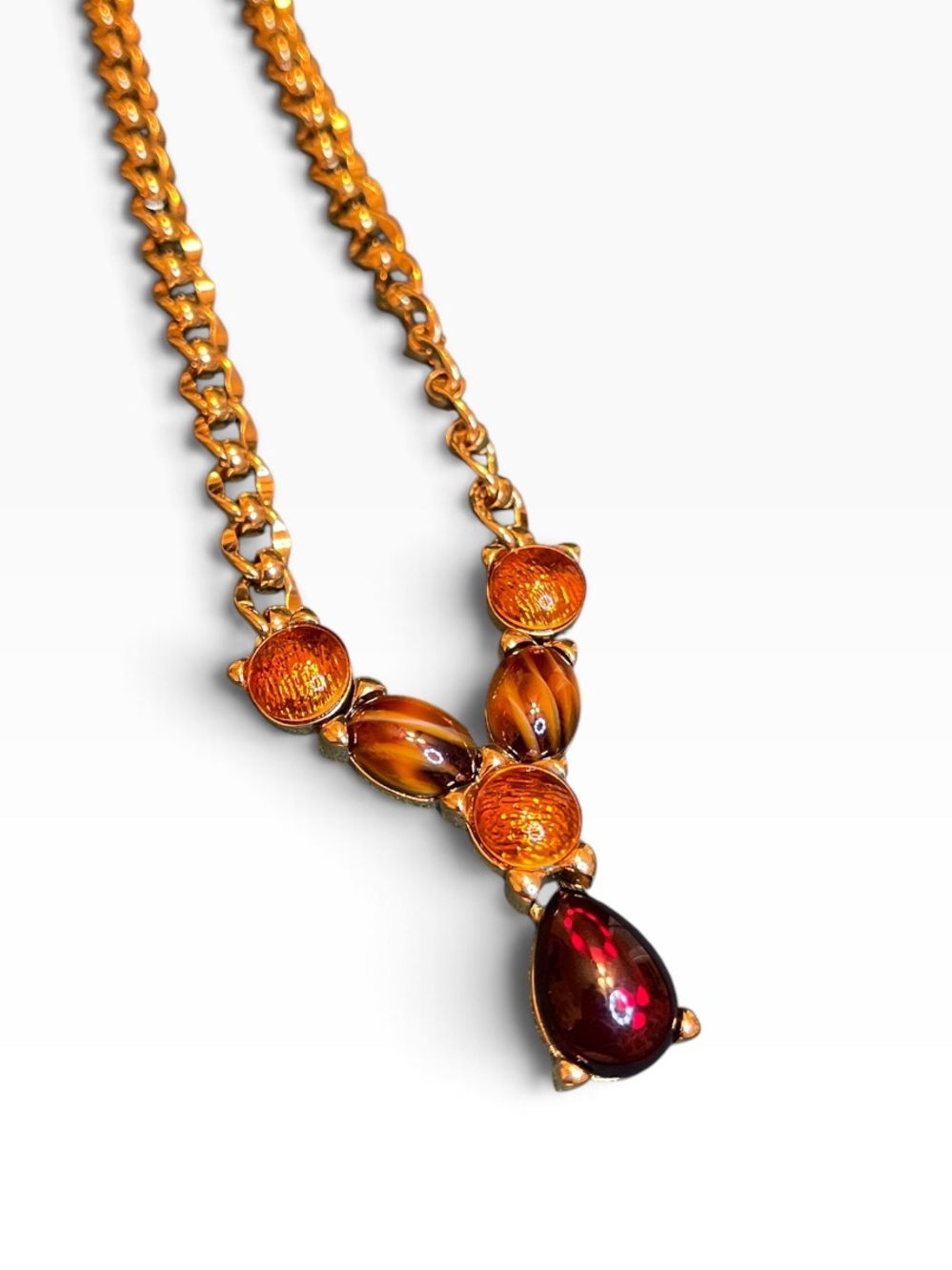 Vintage Monet Gold-Tone Amber, Brown, & Red Glass Cabochon โYโ Necklace